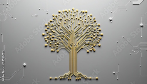 Golden Circuit Board Tree on Gray Background