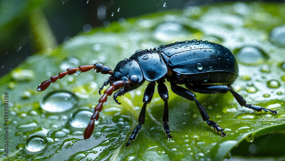 Black Beetle With Water Droplets On A Green Leaf Close Up View Black Beetle With Water Droplets On A Green Leaf Close Up View