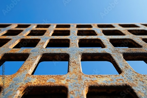 Rusty metal grid with blue sky backdrop creates striking contras