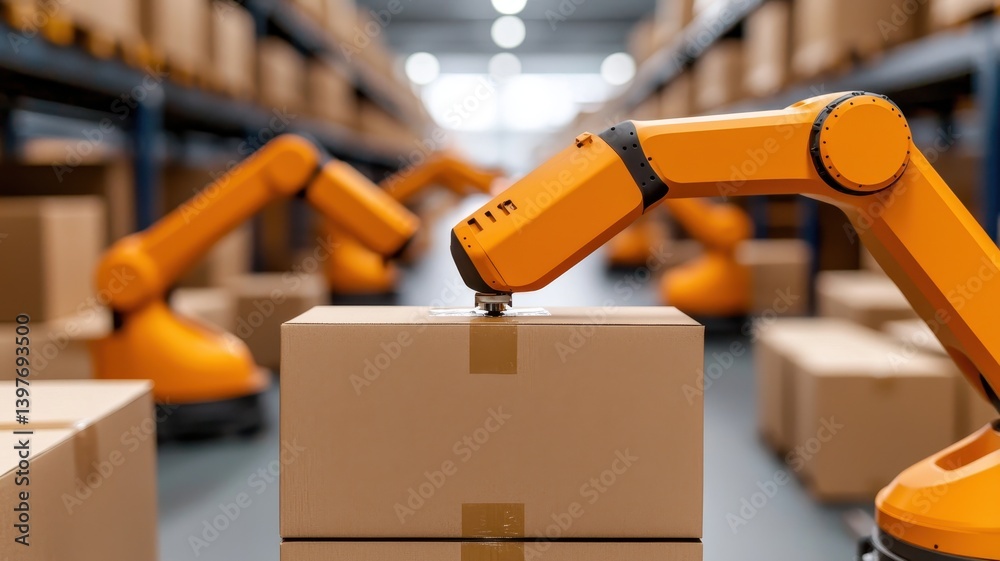 Export, distribution and demand concept. A robotic arm interacts with a cardboard box in a spacious warehouse filled with stacked packages and shelving. Export, distribution and demand concept. A robotic arm interacts with a cardboard box in a spacious warehouse filled with stacked packages and shelving.