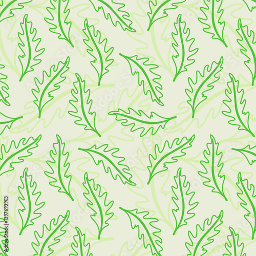 Seamless pattern with Arugula leaves, outline drawing of arugula. Healthy eating, vegetarianism, veganism.