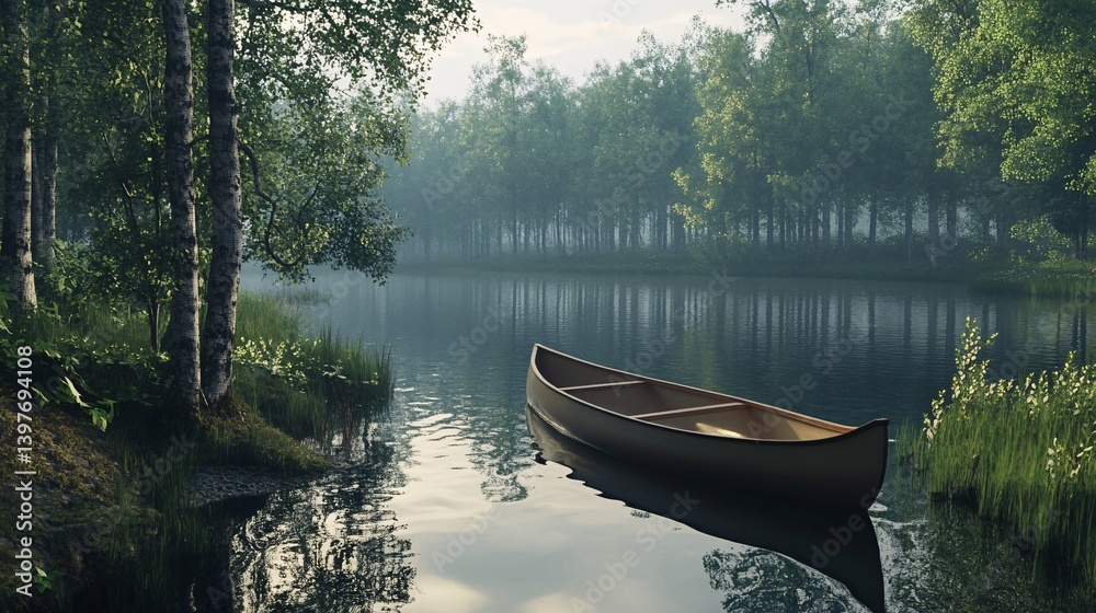 Canoeing, forest lake, tranquil dawn, misty trees, peaceful escape Canoeing, forest lake, tranquil dawn, misty trees, peaceful escape