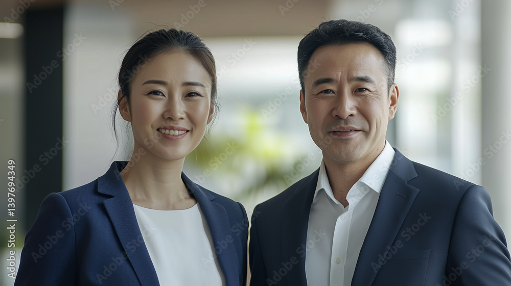 Two confident business professionals in formal attire -- professionalism and success in the modern workplace