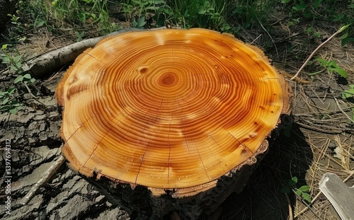 Round stump of tree felled section of trunk wood slice textured.