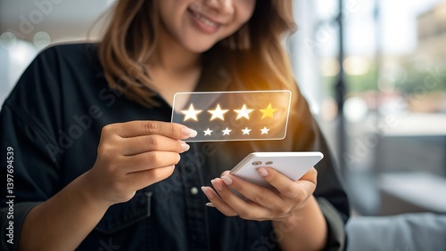 Customer review good rating concept, hand pressing user and five star icon on visual screen for positive customer feedback, testimonial and testimony, user comment and feedback for review.