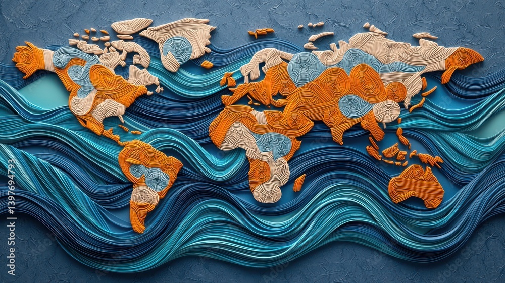 Export, distribution and demand concept. A textured artistic representation of a world map with vibrant orange and blue waves, symbolizing oceans and continents. Export, distribution and demand concept. A textured artistic representation of a world map with vibrant orange and blue waves, symbolizing oceans and continents.