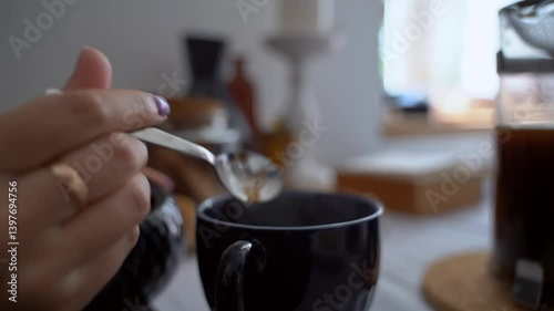 Adding a spoon of sugar to a cup of tea, close-up.