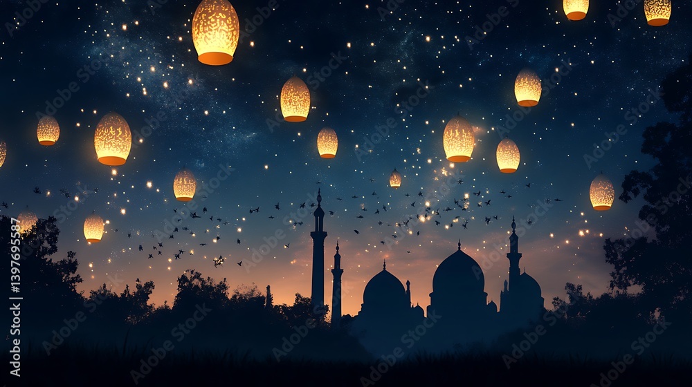 Naklejka premium Luminous Lanterns Float Over A Mosque Silhouette In A Starry Night Sky