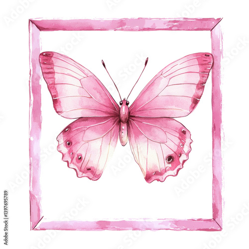 atercolor, cute, and pastel retro pink butterfly on a photo frame clipart, isolated on a white background, clean design, minimalistic, digital art, vector illustration