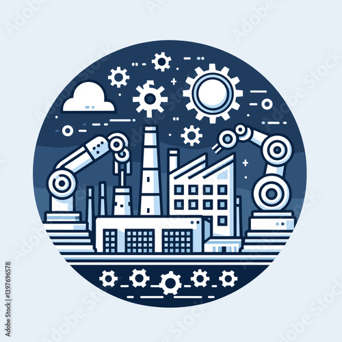 Industrial robots and automation icons against a blue background  