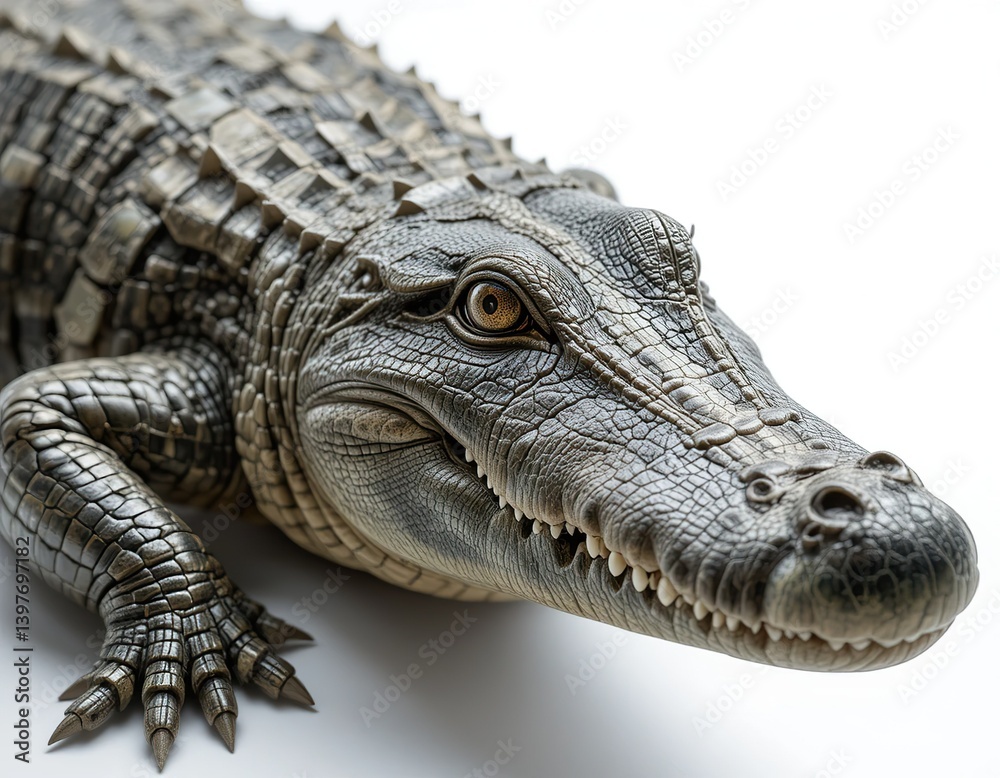 Obraz premium Crocodile isolated on white background. Crocodile predatory animal, stuffed crocodile, exotic skin. Concept of advertisement, calendar, banner