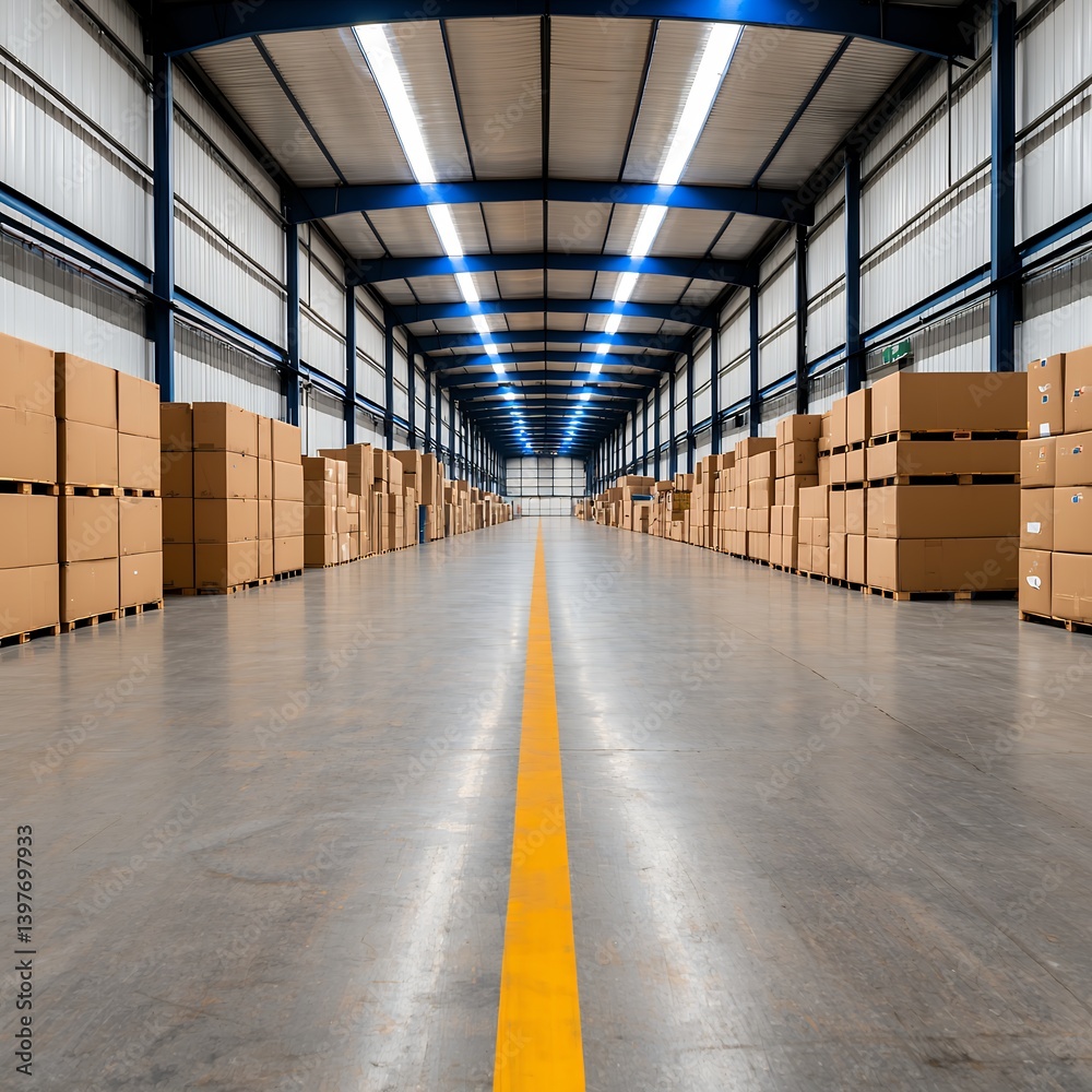 Fototapeta premium Brightly Lit Industrial Warehouse Interior with Stacks of Cardboard Boxes