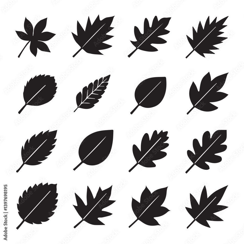Fototapeta premium silhouette icons of leaves in assorted styles, suitable for decorative nature-based artwork, prints, and digital projects.