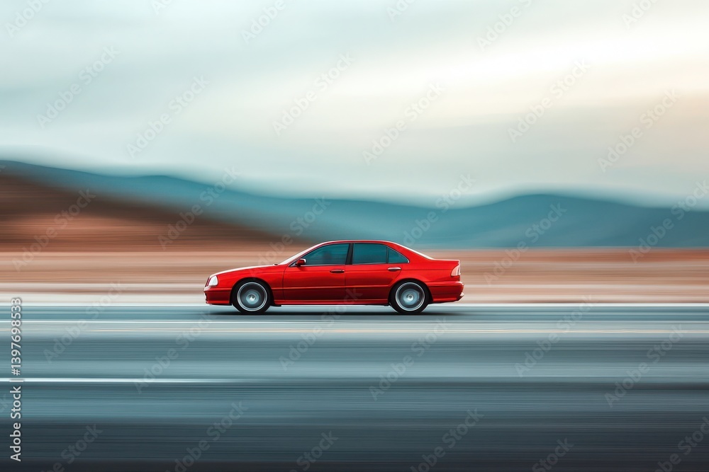 Obraz premium A red sedan captured in motion on an open road
