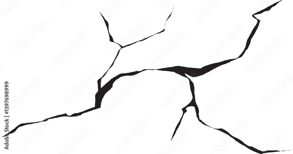 Cracked wall. Damage surface crack and fissure in ground, concrete, crevices from disaster silhouette breaks on land surface from earthquake isolated on white background. Broken ground	
