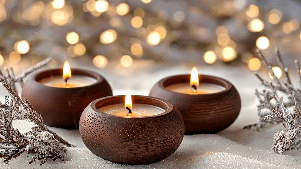 Three dark wood candles lit, nestled in faux snow with sparkly lights Three dark wood candles lit, nestled in faux snow with sparkly lights
