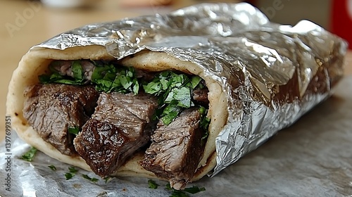 A flavorful beef gyro, wrapped in foil.