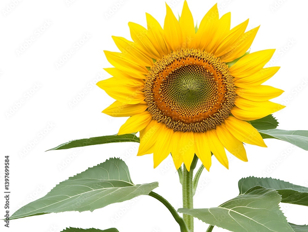 Obraz premium A vibrant yellow sunflower with green leaves is shown here