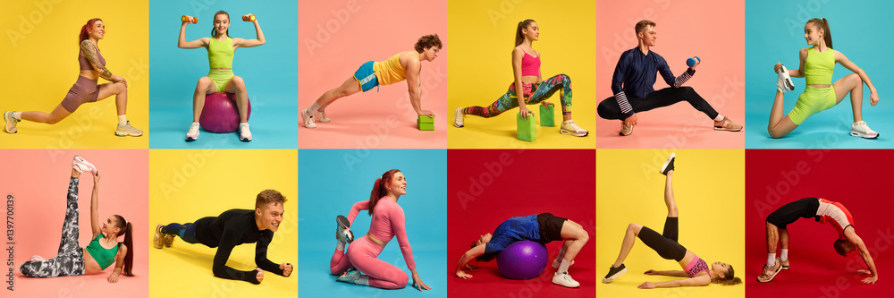 Fototapeta premium Collage. Young people doing colorful stretching, fitness and yoga exercises on vibrant backgrounds. Concept of workout, motion, strength, flexibility, body care, health, sport routine, balance