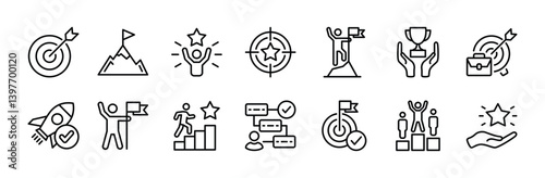 Successful goal thin line icon set. Containing business success, target, mountain peak, winner, achievement, award trophy, mission, growth, development, process, victory. Vector illustration