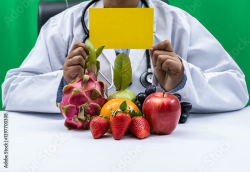 Nutritionist with healthy fruits holding blank paper.