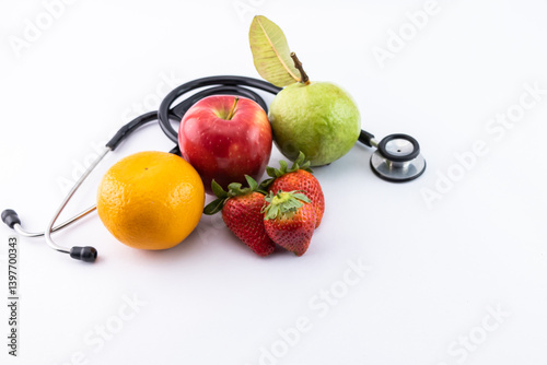 Stethoscope and fruits healthy lifestyle symbol.