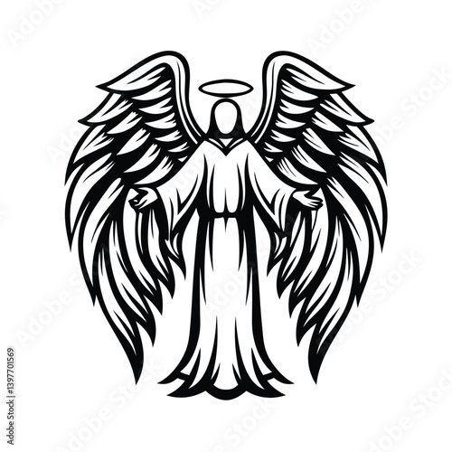Angel Silhouette with Large Wings, Halo, and Flowing Gown in Black and White