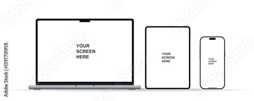 Modern laptop mockup front view, smartphone and tablet mockup isolated on white background. Notebook, phone and tablet device mockup for UI UX app and website presentation. Vector illustration