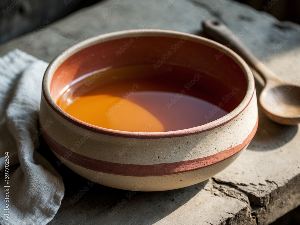 A rustic ceramic bowl filled with golden broth sits on a textured stone surface, accompanied by a wooden spoon and a folded cloth, bathed in warm sunlight. A rustic ceramic bowl filled with golden broth sits on a textured stone surface, accompanied by a wooden spoon and a folded cloth, bathed in warm sunlight.