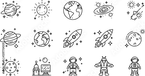 Astronomy line icon set. Space planet, Earth, moon, sun, galaxy, rocket astronaut, alien minimal vector illustrations. Simple outline signs for cosmos science.  Editable Stroke 