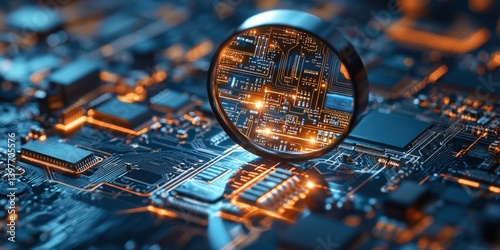 Intricate circuit board revealed under a magnifying glass. A detailed view showcasing complex electronics and a sense of discovery