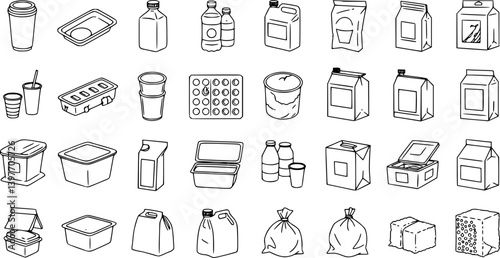 Plastic packaging line icons set. Disposable tableware, water bottle, blister pack, container, canister, garbage bag, bubble wrap vector illustration. Outline signs of polyethylene. Editable Stroke