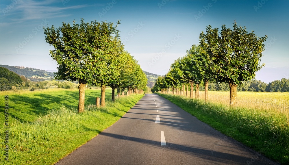 Country road and cycle path with tree avenue made of fruit trees Country road and cycle path with tree avenue made of fruit trees