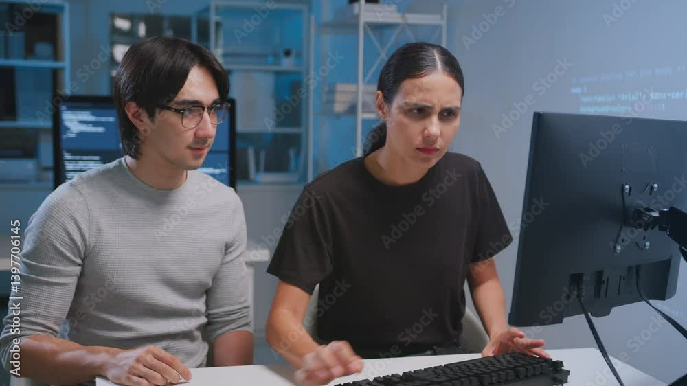 Two developers collaborating coding and software tasks modern workspace, utilizing teamwork and technology with programming computer monitor and tablet for coding developer software programmer code