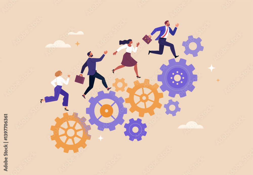 Fototapeta premium Business Work Process Concept. Vector cartoon illustration of a group of people in business suits running along a mechanism with gears. Isolated on background 