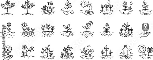 Plant growing line icons set. Spring growth stage, seeds, seedling, drought, soil testing, agriculture vector illustration. Outline signs for gardening. Editable Stroke