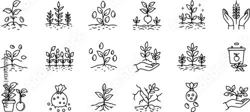 Plant growing line icons set. Spring growth stage, seeds, seedling, drought, soil testing, agriculture vector illustration. Outline signs for gardening. Editable Stroke