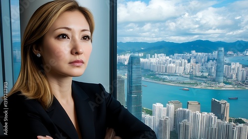 A powerful businesswoman contemplates the cityscape of Hong Kong.