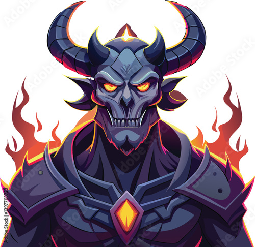 Powerful demon with horns and glowing eyes. Evil fantasy villain character for dark themes and RPG games.