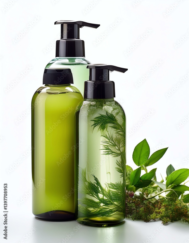 Natural skincare bottles with plant extracts, promoting a healthy lifestyle. Natural skincare bottles with plant extracts, promoting a healthy lifestyle.