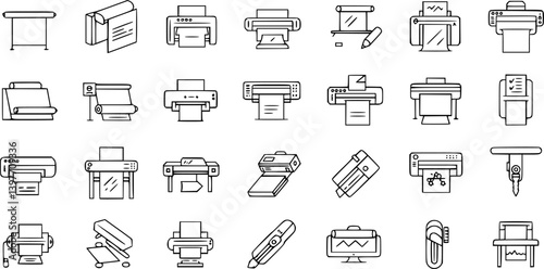 Printer line icon set. Large format printing, plotter, scanner, cutting machine minimal vector illustrations. Simple outline signs for printshop. Editable Stroke