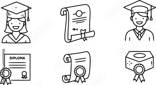 Graduation doodle illustration including icons - student in cap, diploma certificate scroll, university degree . Thin line art about high school education. Editable Stroke