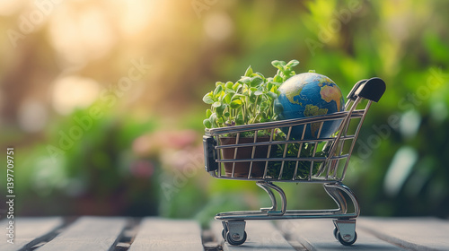 Mini shopping cart with world globe and plants symbolizes sustainable consumer choices, world globe in shopping cart, concept of worldwide shopping , ai generated 