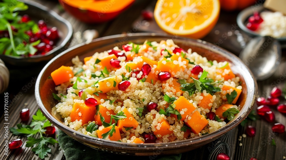 High fiber roasted butternut squash quinoa salad with parsley pomegranate seeds and a lemon dressing High fiber roasted butternut squash quinoa salad with parsley pomegranate seeds and a lemon dressing