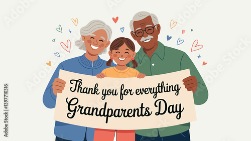 "Happy Grandparents Day Vector Illustration, Cute Grandparents Cartoon Character, Family Love, Elderly Couple with Grandchildren, Grandparents Day Greeting Card Design, Flat Style, Isolated on White B