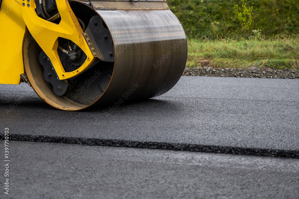 Heavy yellow asphalt road roller with heavy vibration roller compactor that press new hot asphalt on the roadway on a road construction site.