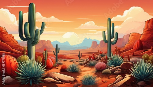 A stunning desert view showcasing various cacti and vibrant flora under a colorful sky at dusk