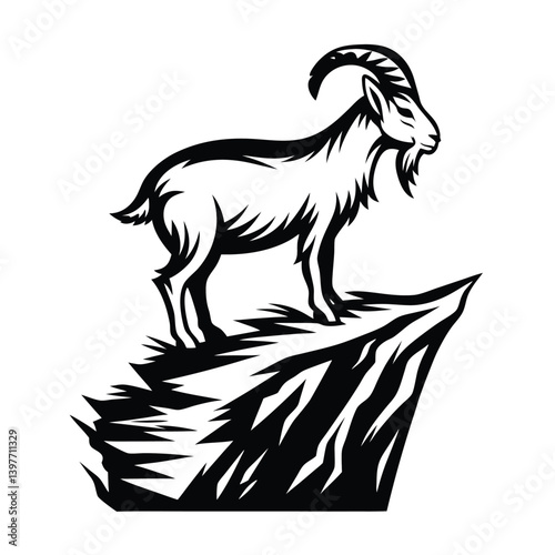 Black & White Ibex Silhouette Standing Tall On Rocky Cliff Edge; Mountain Animal