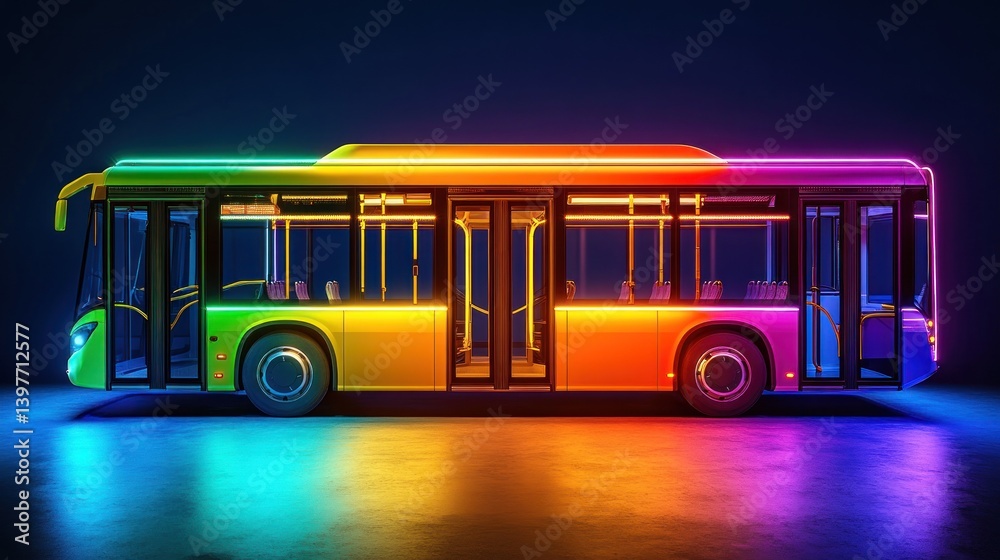 A colorful illuminated bus stands against a dark reflective background A colorful illuminated bus stands against a dark reflective background
