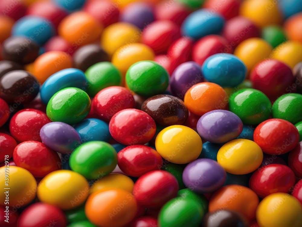Colorful candy coated chocolate confections scattered on a surface in an artistic arrangement Colorful candy coated chocolate confections scattered on a surface in an artistic arrangement